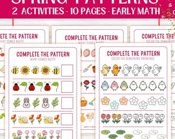 Fichas de trabajo sobre patrones de primavera para jardín de infancia y primer grado, actividades de patrones, fichas de matemáticas para preescolar, reconocimiento de patrones, PDF imprimible de primavera