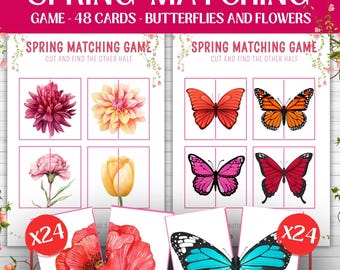 Juego de emparejamiento de primavera imprimible / Tarjetas de emparejamiento de flores y mariposas / Memoria - Actividad de habilidades visuales para niños / Preescolar y jardín de infantes