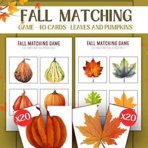 Puede incluir: Un juego de emparejamiento con temática otoñal con 40 cartas con hojas y calabazas. El juego incluye ilustraciones de varias calabazas y hojas, con el texto "FALL MATCHING GAME" y "CUT AND FIND THE OTHER HALF".
