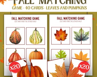 Juego de emparejar de otoño: Tarjetas de calabaza y hoja (Patrón en PDF)