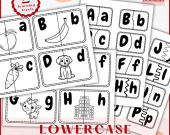 Tarjetas de acertijo para unir mayúsculas y minúsculas: Rompecabezas del alfabeto (Descarga en PDF tamaño A4/Carta de EE. UU.)