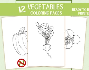 Vegetable Coloring Pages, Garden Printable Coloring Sheets, Relaxing Stress-relief, Food, Spring - hand-drawn - bold outlines - wall art