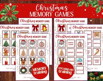Juego de memoria navideño: 2 versiones (imagen-imagen + imagen-palabra) – 18 pares cada una – Tarjetas de vocabulario navideño para niños, inglés como segundo idioma (ESL) y preescolar