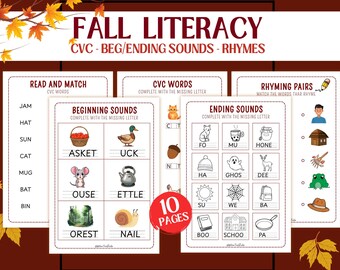 Hojas de trabajo de fonética para otoño: sonidos iniciales y finales, rimas (patrón en PDF)