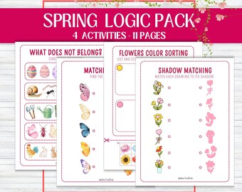 Actividades de lógica primaveral: simetría, clasificación de grupos, emparejamiento de sombras - hojas de trabajo imprimibles de matemáticas para niños de preescolar y primer grado - atractivas