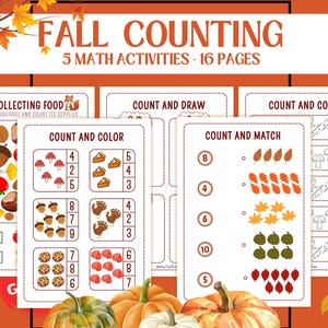 May include: Educational fall-themed activity sheets with the text "FALL COUNTING" and "5 MATH ACTIVITIES - 16 PAGES." The worksheets feature counting exercises with images of fall items like pumpkins, leaves, and acorns. The background is orange with fall leaves.
