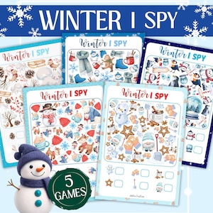 May include: Five "Winter I Spy" game sheets with winter-themed illustrations. Each sheet features a different scene with various winter objects like snowmen, mittens, and snowflakes. The title "Winter I Spy" is displayed at the top of each sheet.