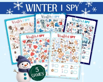 Invierno, Veo, Veo / Divertido juego imprimible para niños / Tema de nieve e invierno: Busca y encuentra / Hoja de trabajo para preescolar y primer grado / Montessori