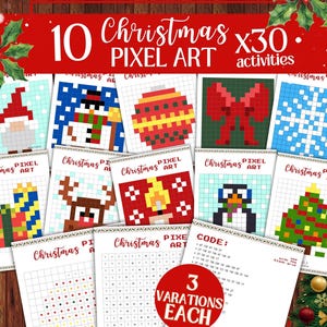 Op de afbeelding: Een verzameling van 10 kerst-pixel art werkbladen, elk met 3 variaties. De bladen tonen gepixelde afbeeldingen van een kabouter, sneeuwman, ornamenten, strik, sneeuwvlok, cadeaus, rendier, kaars, pinguïn en kerstboom.