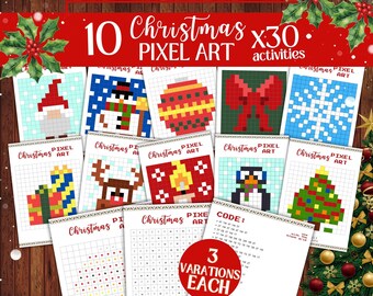 Atividades de Pixel Art de Natal | Colorir por código e colorir por pontos | Folhas de atividades de programação diferenciadas | Desenvolvimento da coordenação motora fina STEM | Feriado