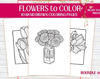 Flower Coloring Pages – 10 Cute hand-drawn printables  | Bold & easy Spring coloring Sheets for Kids and Adults | Stress Relief | wall art