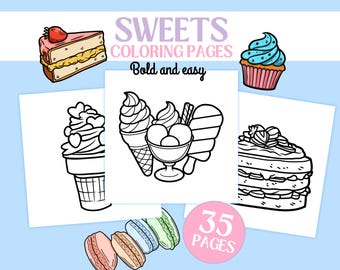 Dibujos de dulces para colorear: 35 diseños imprimibles adorables / Dulces Kawaii / Anti-estrés / Láminas para colorear fáciles y llamativas para niños y adultos