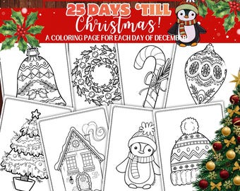 25 adorables y divertidas páginas para colorear navideñas / Libro para colorear para niños y adultos / Cuenta regresiva festiva para diciembre / Imprimible en formato A4 y tamaño carta.