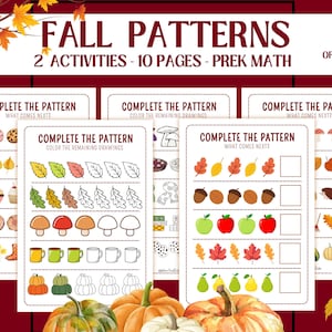 May include: Educational autumn-themed activity sheets with the text "FALL PATTERNS" and "2 ACTIVITIES - 10 PAGES - PREK MATH." The sheets feature pattern completion exercises with autumn-related illustrations like leaves, pumpkins, and apples. The phrase "DIFFERENT LEVELS OF DIFFICULTY" is also visible.