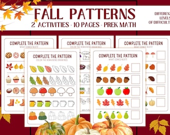 Paquete de hojas de trabajo con patrones otoñales – Preescolar y 1.er grado (Descarga digital)