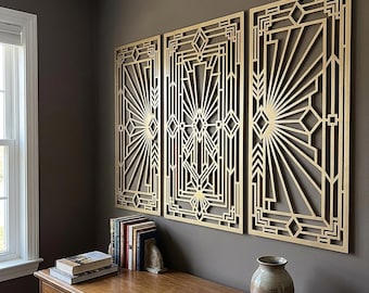 Art Deco Wall Art Triptych | Geometric Wooden Wall Decor | Luxury Wood Panels