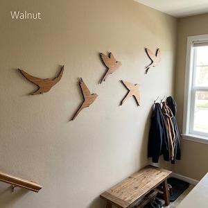 Wooden Flying Birds Wall Art Set, Flock of 5 Birds, Minimalist Bird Wall Decor