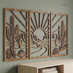 Desert Cactus Wall Art Triptych | Southwestern Wooden Wall Decor | Saguaro Panels