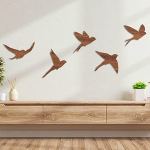 Wooden Flying Birds Wall Art Set, Flock of 5 Birds, Minimalist Bird Wall Decor
