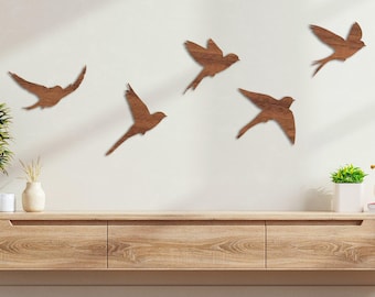 Wooden Flying Birds Wall Art Set, Flock of 5 Birds, Minimalist Bird Wall Decor