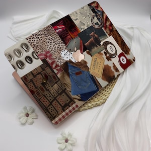 May include: A laptop case with a collage design featuring various patterns and images. The design includes leopard print, playing cards, denim, dice, and a cowhide pattern. The case is open, revealing the interior.