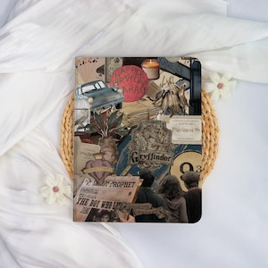May include: A notebook cover with a collage design, incorporating elements from the Harry Potter series. The design includes a blue car, newspaper clippings, and the Gryffindor crest. The words "HAPPEE BIRTH DAP ARRO" are visible.