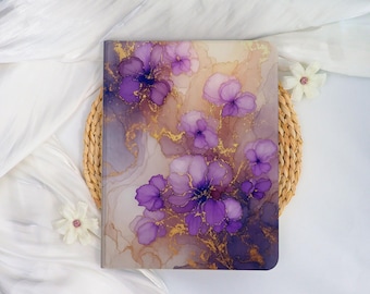 Purple Floral Marble Art iPad Case with Apple Pen Holder,iPad Cover for iPad A16,Custom iPad Pro 2025,iPad Mini 8.3/7.9,iPad Pro 2025-11/13"