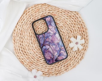 Purple Flower Glass Printed Soft iPhone Case Cover for iPhone 17 16 15 14 Pro Max,iPhone Air/16e 15 14 Plus,Case for Mini 13 12 X XS XR SE
