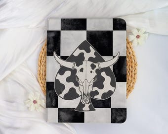 Cow Skull Spade Checkerboard iPad Case with Apple Pen Slot,iPad Cover for iPad A16,Custom iPad Mini 8.3/7.9",iPad Pro 2025-11/13 Air,Custom