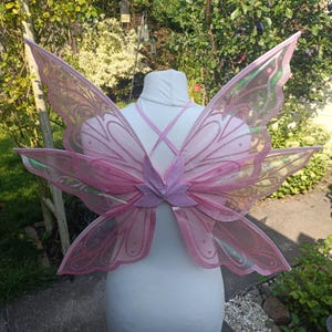 Puede incluir: Alas de hada rosas con detalles de purpurina y un diseño floral central. Las alas están unidas a un arnés rosa y se exhiben en un maniquí blanco. Las alas tienen una apariencia translúcida con bordes iridiscentes.