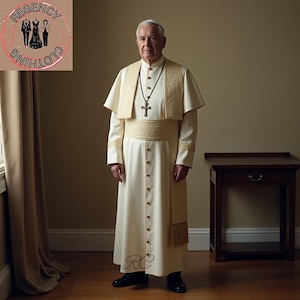 Może przedstawiać: Kremowy strój religijny ze złotymi guzikami i wykończeniami. Strój zawiera pelerynę, pas i długą szatę. Krzyżyk wisi na czarnym naszyjniku. Na zdjęciu widać również mały drewniany stolik i okno z beżową zasłoną.