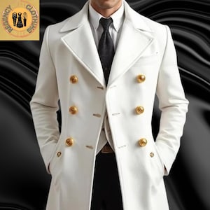 May include: A white double-breasted coat with gold buttons. The coat has a classic design with a notched lapel and a tailored fit. The coat is worn over a white shirt and a black tie. The coat is a stylish outerwear option.