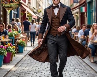 Men's Wool 18th Century Black and BrownFrock Coat - Military Steampunk Victorian Jacket - Elegant Vintage Outerwear for Event