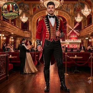 May include: A formal red tailcoat jacket with gold embroidery and fringe epaulets, worn over a matching red vest with gold detailing, a white dress shirt, a black bowtie, black trousers, and black knee-high boots in a grand ballroom setting.