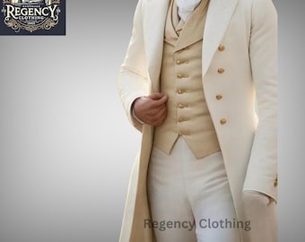 May include: A white long coat with gold buttons, a beige vest with gold buttons, and white pants. The text "Regency Clothing" is visible on the bottom right of the image.
