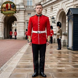 May include: A bright red military-style tunic featuring a high collar, gold buttons, and gold-embroidered cuffs, paired with a white belt and black trousers. The uniform includes a white vertical stripe down the front and gold accents on the sleeves.