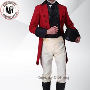 Handmade Men’s Red Victorian Regency Tailcoat & Breeches Set – 1830-1850 Custom Fit Coat – 18th Century Limited Edition Historical Attire