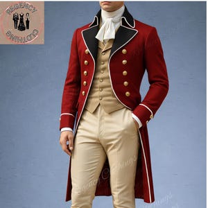 Op de afbeelding: Een bordeauxrode jas met zwarte revers en gouden knopen. De jas heeft witte biezen en wordt gecombineerd met een beige vest en broek. Het Regency Clothing-logo staat in de linkerbovenhoek.