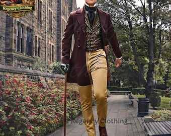 Custom Made Men's Regency Brown color Victorian Wool tailcoat- Historical Tailcoat Gentleman outfit - Vest and Pants