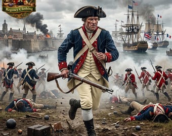 US Revolution 1770s Continental Army Wool Coat – Navy Blue and Red Lapels - Cuffs War Jacket, Cream color Vest - Breeches