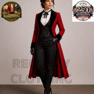 Women’s Ringmaster Moulin Rouge Red Wool Tailcoat - Silk Vest - Tropical Pants - Victorian Cabaret Outfit, Gothic Steampunk Formal Suit