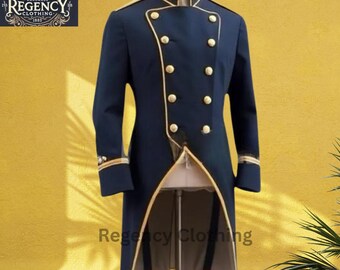 Customised Regency Navy Military Coat – Gold Trim Tailcoat – Elegant Vintage-Inspired Jacket – Historical Reenactment & Cosplay Costume
