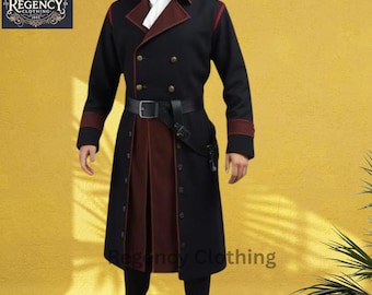 Customized Men&#39;s Steampunk Military Black Victorian Gothic Long Trench Coat –  Double-Breasted Brass Buttons – Cosplay, Costume, Formal Wear