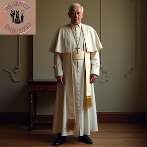 Może przedstawiać: Osoba w kremowym stroju religijnym z peleryną, długimi rękawami i długą szarfą ze złotymi frędzlami. Krzyżyk wisi na szyi. Obraz zawiera logo Regency Clothing.