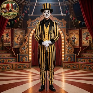 Black and Yellow Striped Tailcoat Costume Set, Beetlejuice Ringmaster Outfit, Men's Harlequin Vintage Circus Tuxedo with Cane, Wool Blend