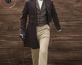 May include: A brown frock coat with a black bow tie, a patterned vest, and beige trousers. The man is holding a walking stick.