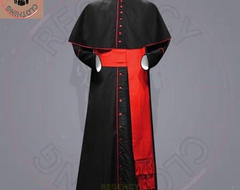 May include: Black and red clerical robe with a matching cape. The robe features red buttons and trim, a red sash, and a fringed scarf. The Regency Clothing logo is visible in the upper left corner and lower right corner.