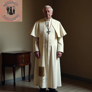 Może przedstawiać: Kremowa szata religijna z pasującą peleryną i długą, frędzelkową stułą. Srebrny krzyż wisi na szyi. Widoczne jest logo Regency Clothing, a na szacie inicjały "RC".