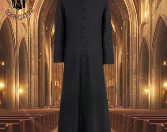 May include: A long, black clergy robe with a white collar and button-down front. The robe is floor-length and has long sleeves. The Regency Clothing logo is visible in the upper left corner. The background is a church interior.
