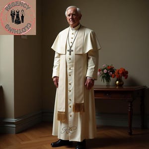 Może przedstawiać: Kremowa szata religijna ze złotymi guzikami i frędzlami, noszona z naszyjnikiem z krzyżem. Szata ma długie rękawy i długą spódnicę. Logo Regency Clothing znajduje się w lewym górnym rogu.